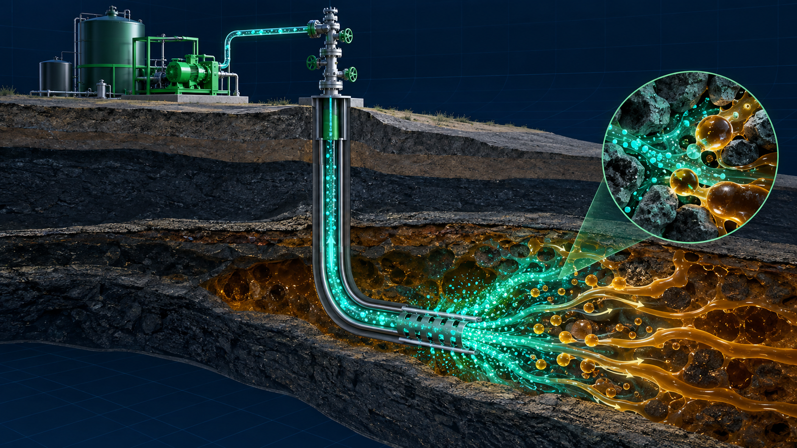 Technical cutaway showing a NanoFlow treatment delivered from the surface into an oil well